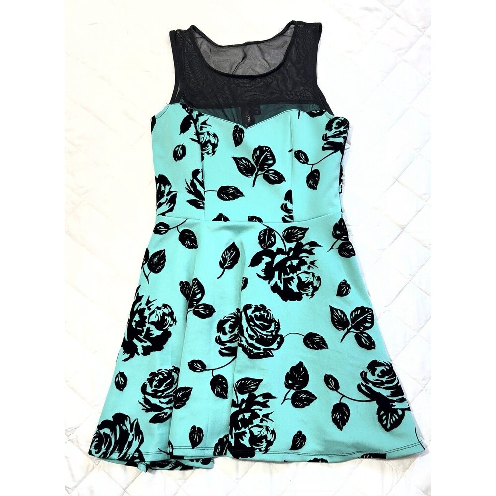 Girls Turquoise Floral Dress with Black Flowers Size 9